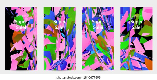 Abstract social media template with bright colored random small particle explosion. Sport music social media layout. Optical art dynamic background with outer space motion. Futuristic vector.