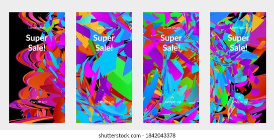 Abstract social media template with bright colored random small particle explosion. Sport music social media layout. Optical art dynamic background with outer space motion. Futuristic vector.