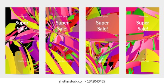 Abstract social media template with bright colored random small particle explosion. Sport music social media layout. Optical art dynamic background with outer space motion. Futuristic vector.