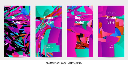 Abstract social media template with bright colored random small particle explosion. Sport music social media layout. Optical art dynamic background with outer space motion. Futuristic vector.