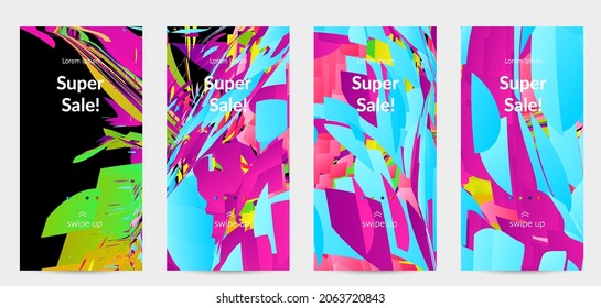 Abstract social media template with bright colored random small particle explosion. Sport music social media layout. Optical art dynamic background with outer space motion. Futuristic vector.