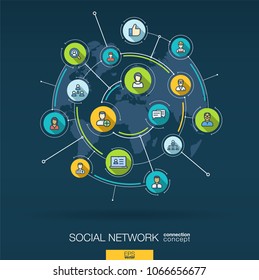 Abstract social network background. Digital connect system with integrated circles, flat thin line icons, long shadows. Network interact interface concept. Vector infographic illustration