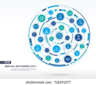 Abstract social network background. Digital connect system with integrated circles, glowing thin line icons. Media system group, interface concept. Vector future infographic illustration