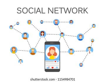 Abstract social network scheme. Global connection between people. Idea of modern technology. Business communication. Isolated flat vector illustration