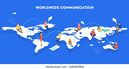 Abstract social network scheme. Global connection between business people. Idea of modern technology and business communication. Isolated flat vector illustration