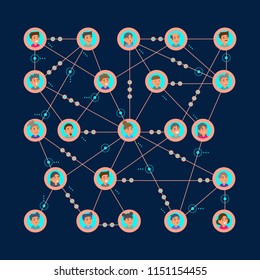 Abstract social network vector illustration. Business or leisure communication using wireless platform. Human isolated connection with app, service, cloud or cyberspace. Virtual friends gathering.