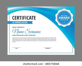 Abstract Soft Blue Curvy Mesh Gradient Certificate Design, Professional Modern Blurry Blue Certificate Template Vector
