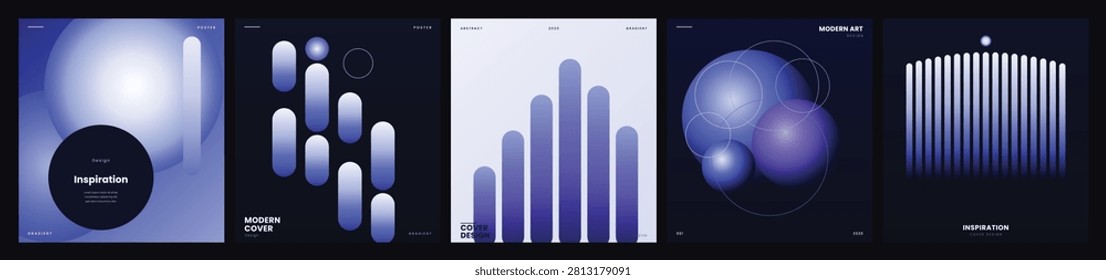 Abstract soft blue tech cover set. Futuristic metaverse concept with glowing 3d spheres, digital soundwaves and big data network. UI UX background template for crypto AI presentation. Vector.