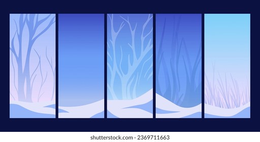 Abstract soft color vertical background set. Modern screens for mobile app. Pastel gradient template design with winter trees, snow, frost patterns for social media, ux, ui. Vector illustration