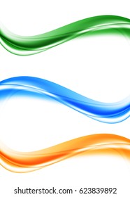 Abstract soft curved bright waves set in blue orange green colors and smooth dynamic style. Vector illustration