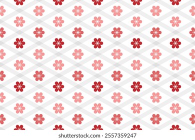 Abstract soft gray diagonal lines or diamond shapes and floral seamless pattern design in red color palette on white background.