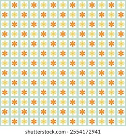 Abstract soft green checkered or plaid and floral seamless pattern design in orange and yellow colors  on white background, for background, wallpaper or printing.
