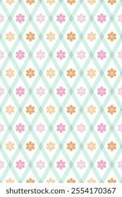 Abstract soft green diagonal lines or diamond shapes and floral seamless pattern design in orange and pink colors on white background, for background, wallpaper or printing.