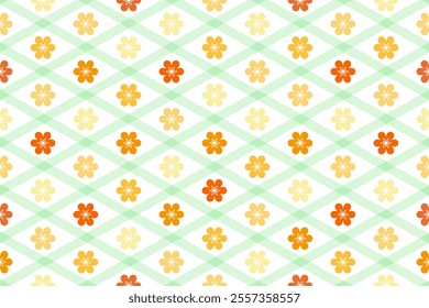 Abstract soft green diagonal lines or diamond shapes and floral seamless pattern design in orange color palette on white background.