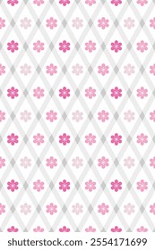 Abstract soft grey diagonal lines  or diamond shapes and floral seamless pattern design in pink color palette on white background, for background, wallpaper or printing.