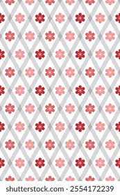 Abstract soft grey diagonal lines  or diamond shapes and floral seamless pattern design in red color palette on white background, for background, wallpaper or printing.