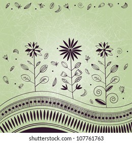 Abstract soft hand drawn floral ornament with grunge effect over olive background