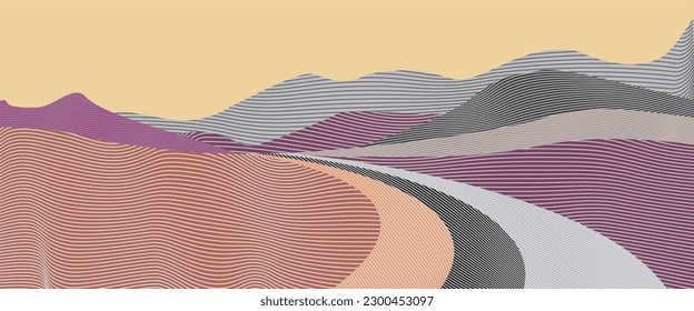 Abstrakter, rosafarbener Hintergrund. Panoramasicht Tapete in minimalgeschwungenen Linien Stil mit Hügeln, Wüste, Sand in Pastellfarben. Für Drucke, Innenräume, Wandkunst, Dekorationen, Decken.