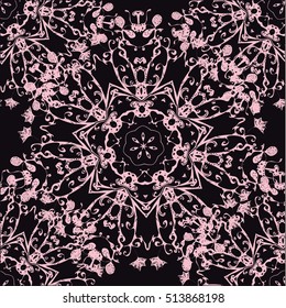 Abstract soft pink mandala seamless pattern on dark backdrop. Luxury style. Vector illustration.