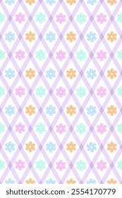 Abstract soft purple diagonal lines  or diamond shapes and floral seamless pattern design in blue, turquoise, pink and orange colors on white background, for background, wallpaper or printing.