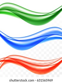 Abstract soft smooth wavy lines set in red blue green colors and light dynamic elegant style on transparent background. Vector illustration