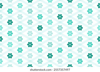 Abstract soft turquoise diagonal lines or diamond shapes and floral seamless pattern design in turquoise color palette on white background.