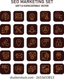 Abstractas conjunto de iconos de interfaz de usuario suave con Elementos de marketing SEO para soluciones digitales creativas y conceptos innovadores