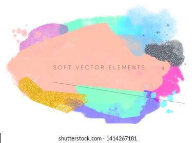 abstract soft vector elements. gold and silver metallic textures brush strokes. colorful pastel acrylic paint on white paper background. eps 8