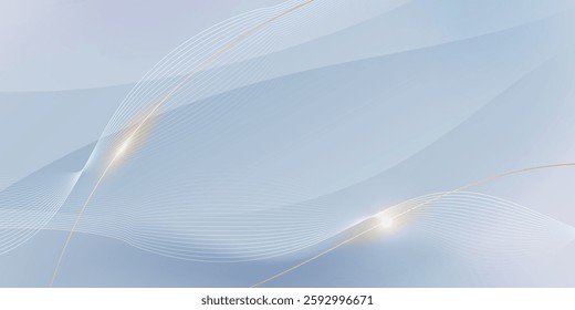 Abstract soft white, gold wave line pattern and texture on light gray gradient background. Vector element smooth line design. Digital technology concept for luxury business template, banner background