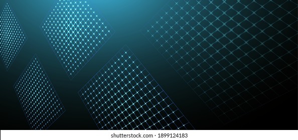 Abstract Solar Batteries Tech Geometric Background With Neon Blue Lights. Alternative Energy Electricity Vector Illustration. Digital Wallpaper Of Alternative Solar Energy Battery Abstraction Concept