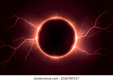 Abstract solar eclipse glowing with fiery red hues and electric lightning arcs on dark background.