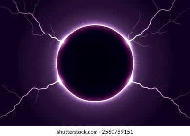 Abstract solar eclipse surrounded by vibrant purple lightning streaks on a dark background.