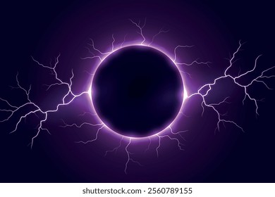 Abstract solar eclipse surrounded by vibrant purple lightning streaks on a dark background.