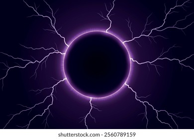 Abstract solar eclipse surrounded by vibrant purple lightning streaks on a dark background.