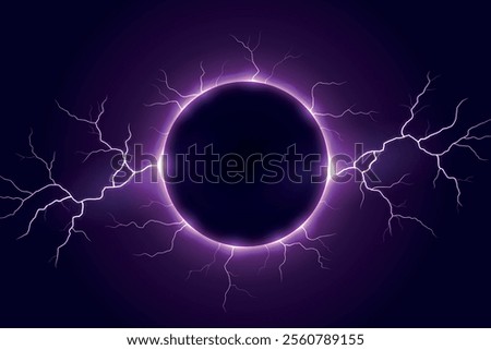 Abstract solar eclipse surrounded by vibrant purple lightning streaks on a dark background.
