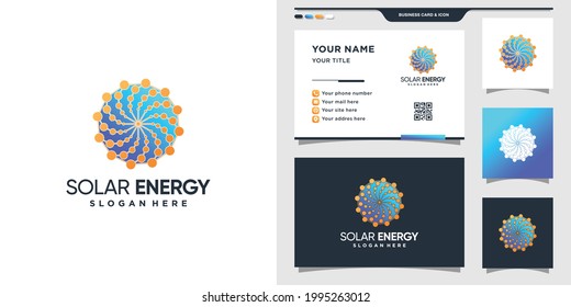 Resumen del logotipo de la energía solar con estilo lineal y el concepto de punto y diseño de tarjetas de visita Premium Vector
