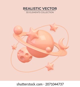 Abstract solar system with planets, stars and meteorite. Glossy 3d planet with bright rings. Moon and asteroid. Space futuristic creative design. Vector illustration