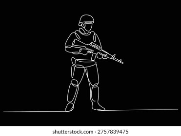 Abstract soldier figure rendered in single-line art style. Evokes themes of defense and protection. Ideal for editorial or conceptual campaigns.
