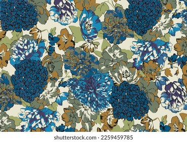 abstract a solid big and small flowers arrangement with three-tone color, all over vector design with solid bright background for textile printing factory
