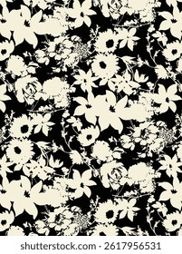 Abstract solid block vector textile design, arrangement with dual-color big hibiscus flower, all-over seamless pattern with black and white tone color illustration, digital image printing factory