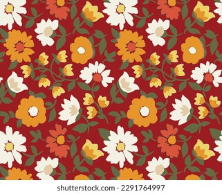 abstract a solid cartoon flowers motif arrangement with multicolor  tone, all over vector design with red background illustration digital image for textile and wrapping paper printing factory