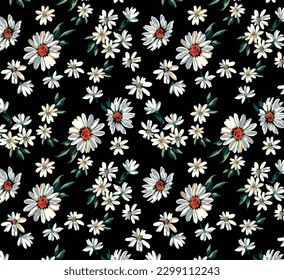 abstract a solid chamomile flowers arrangement with bright color, all over vector design with black background illustration digital image for textile or wrapping paper printing factory