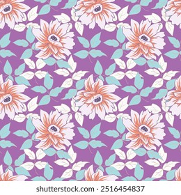 abstract solid dual-color simple flowers and green leaves all-over vector digital image for textile print motifs and paper