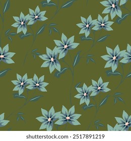 abstract solid dual-color simple flowers and green leaves all-over vector digital image for textile print motifs and paper