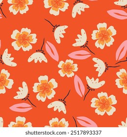 abstract solid dual-color simple flowers and green leaves all-over vector digital image for textile print motifs and paper