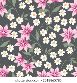 abstraktes, einfarbiges, einfarbiges, vollfarbiges, digitales Vektorbild mit einfachen Blüten und grünen Blättern für textile Druckmotive und Papier