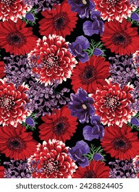 abstract a solid dual-tone sunflower vector pattern arrangement with bright color, all-over design with red and black solid background illustration digital image for textile printing factory