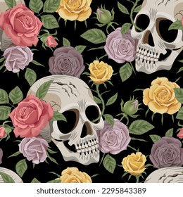 Abstract solid flowers arrangement, all over design with solid background for textile printing factory. Vintage seamless pattern with blooming roses sugar skulls. Skull vector.