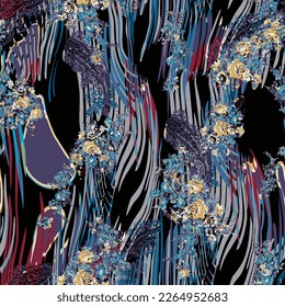 abstract a solid flowers arrangement with ornament, all over vector design with black solid background illustration digital image for textile printing factory