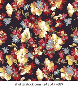 abstract a solid hibiscus and small flower arrangements with bright colors, all-over vector design with dark brown solid background illustration digital image for textile printing factory